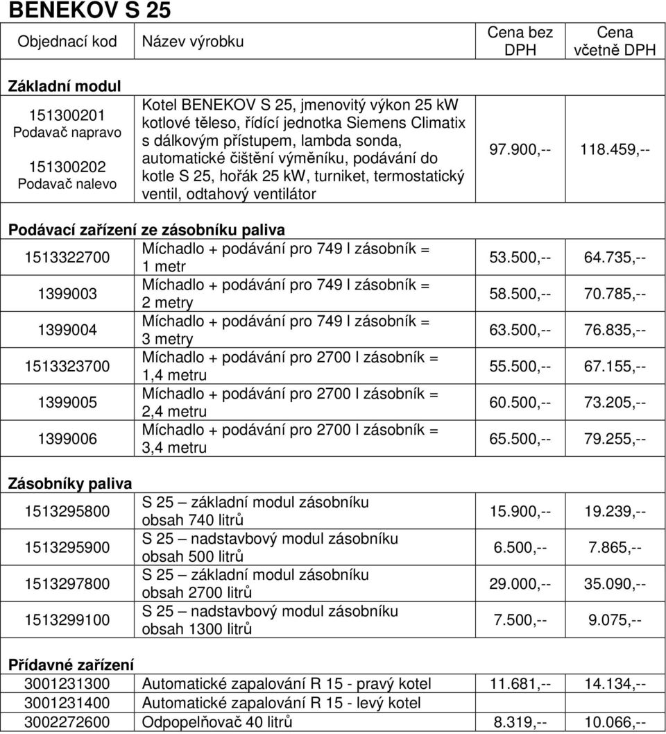 459,-- Podávací zařízení ze zásobníku paliva 1513322700 1 metr 1399003 2 metry 1399004 3 metry 1513323700 1,4 metru 1399005 2,4 metru 1399006 3,4 metru 53.500,-- 64.735,-- 58.500,-- 70.785,-- 63.