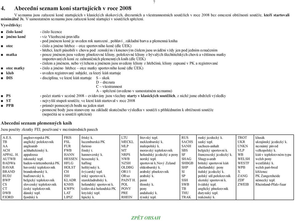 Vysvětlivky: číslo koně jméno koně otec matka - číslo licence - viz Všeobecná pravidla - pod jménem koně je uveden rok narození, pohlaví, základní barva a plemenná kniha - číslo a jméno hřebce otce