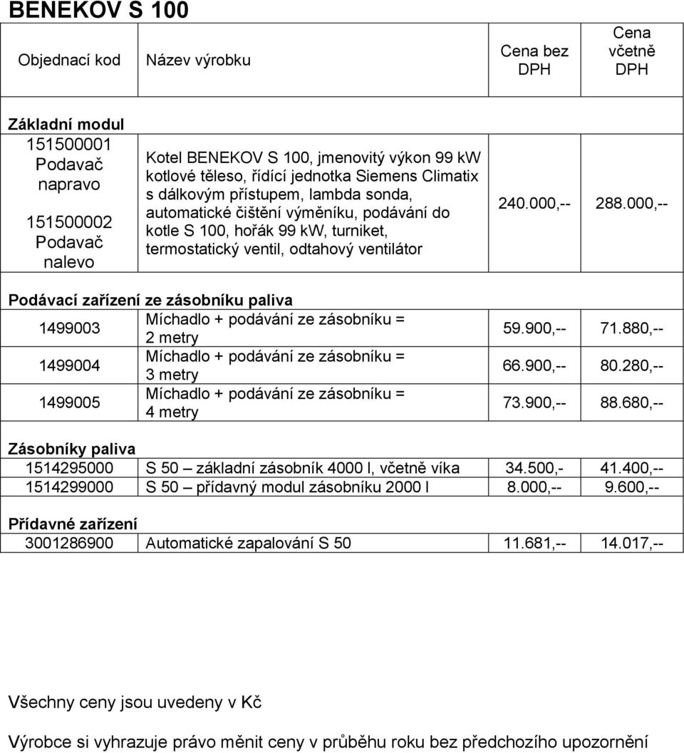 000,-- Podávací zařízení ze zásobníku paliva 1499003 2 metry 1499004 3 metry 1499005 4 metry 59.900,-- 71.880,-- 66.900,-- 80.280,-- 73.900,-- 88.