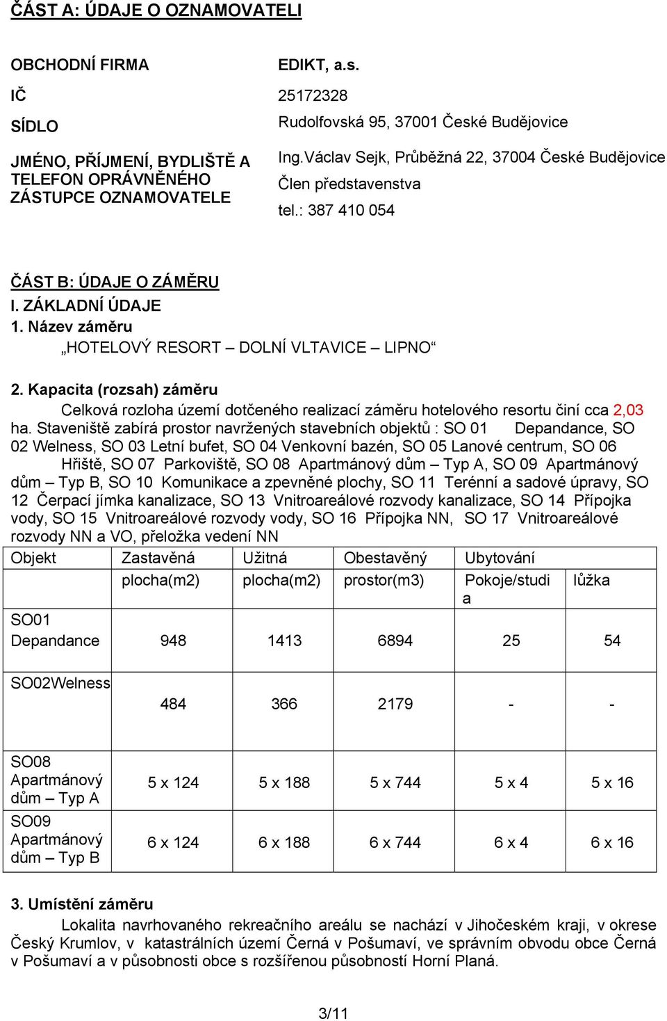 Kapacita (rozsah) záměru Celková rozloha území dotčeného realizací záměru hotelového resortu činí cca 2,03 ha.