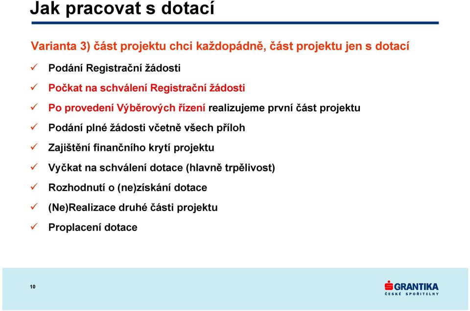 první část projektu Podání plné žádosti včetně všech příloh Zajištění finančního krytí projektu Vyčkat na