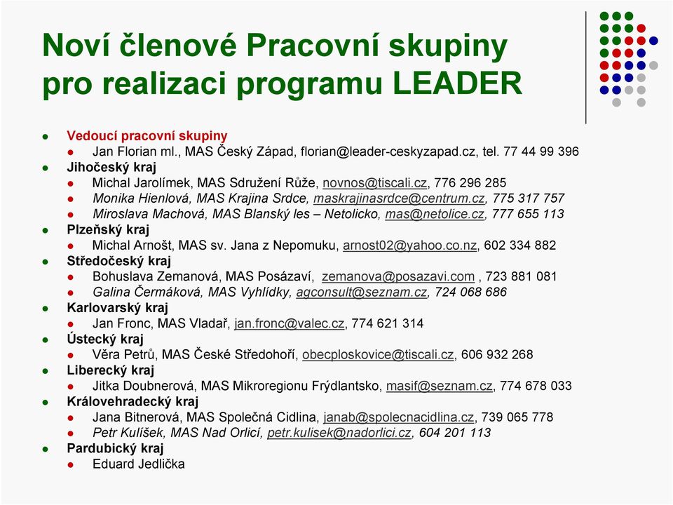 cz, 775 317 757 Miroslava Machová, MAS Blanský les Netolicko, mas@netolice.cz, 777 655 113 Plzeňský kraj Michal Arnošt, MAS sv. Jana z Nepomuku, arnost02@yahoo.co.