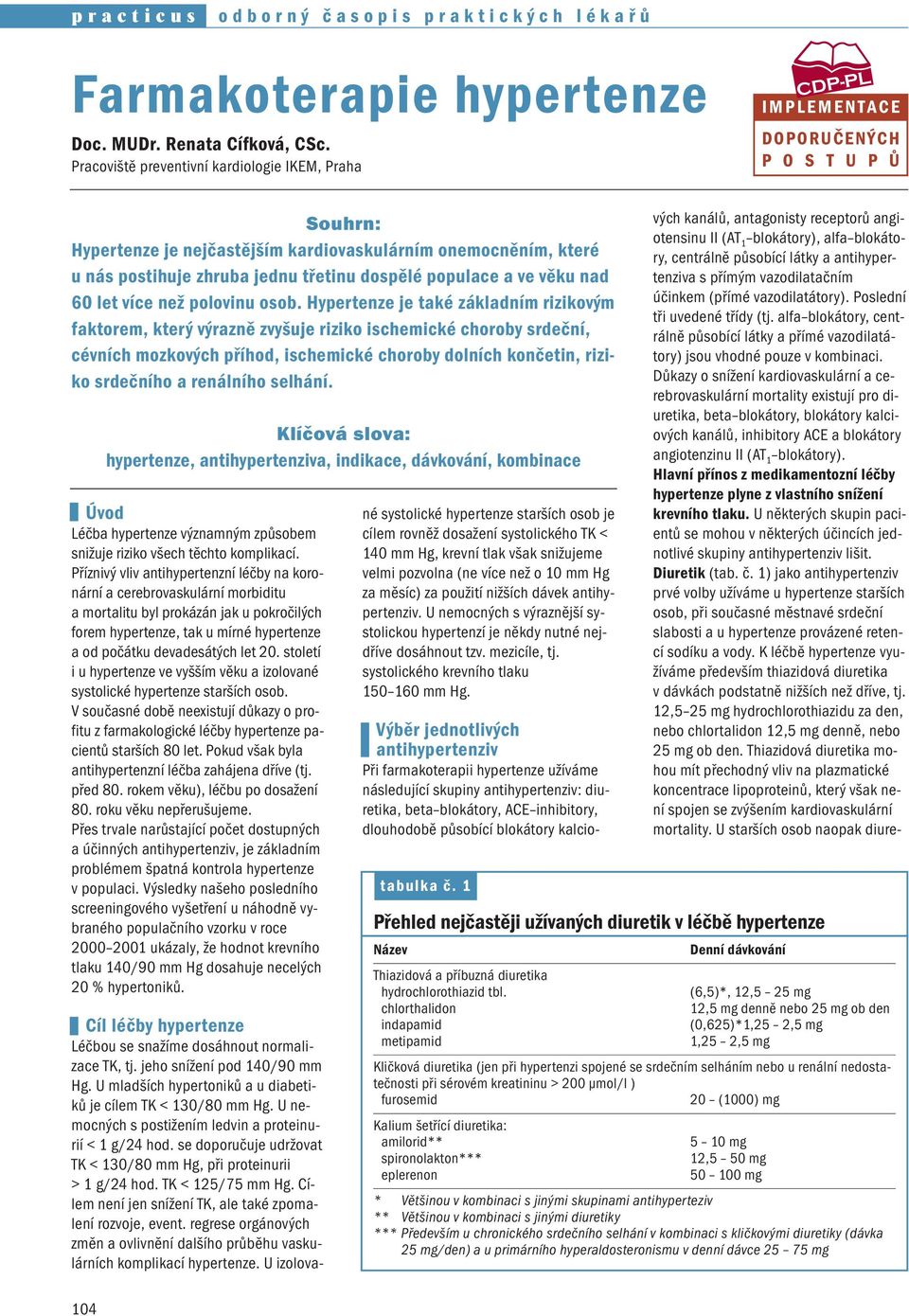 Důkazy o snížení kardiovaskulární a cerebrovaskulární mortality existují pro diuretika, beta blokátory, blokátory kalciových kanálů, inhibitory ACE a blokátory angiotenzinu II (AT 1 blokátory).