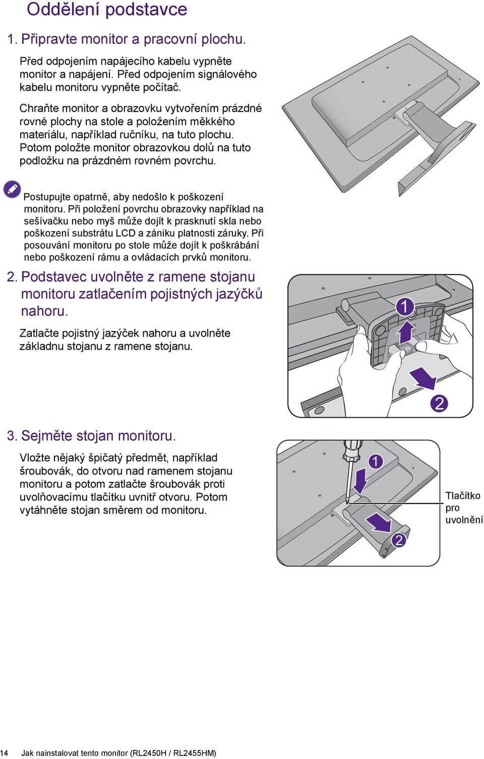 Potom položte monitor obrazovkou dolů na tuto podložku na prázdném rovném povrchu. Postupujte opatrně, aby nedošlo k poškození monitoru.