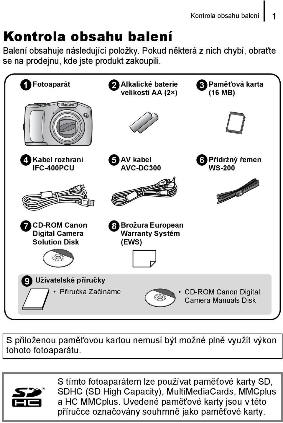 Disk h Brožura European Warranty Systém (EWS) i Uživatelské příručky Příručka Začínáme CD-ROM Canon Digital Camera Manuals Disk S přiloženou paměťovou kartou nemusí být možné plně využít