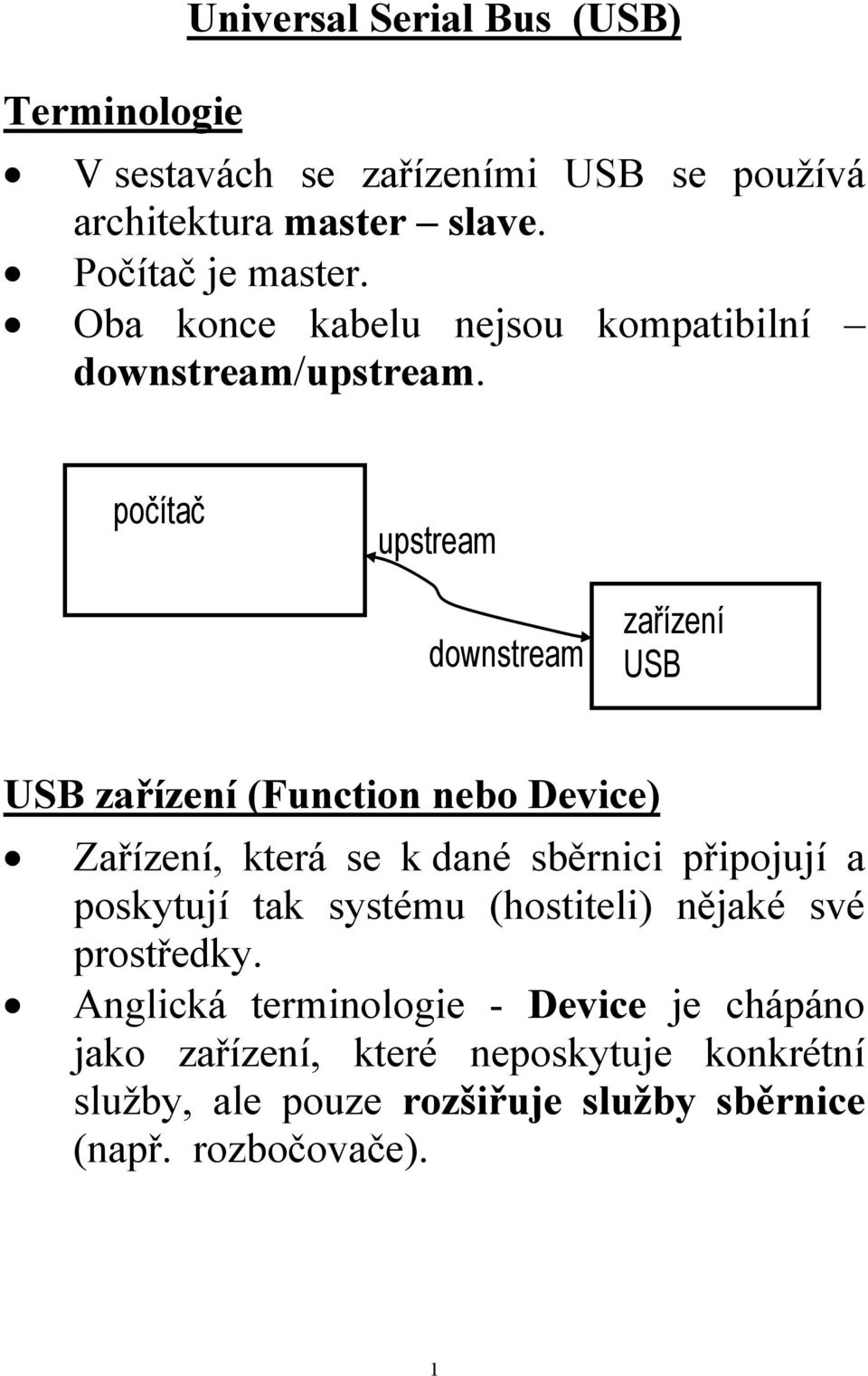 počítač upstream downstream zařízení USB USB zařízení (Function nebo Device) Zařízení, která se k dané sběrnici připojují a