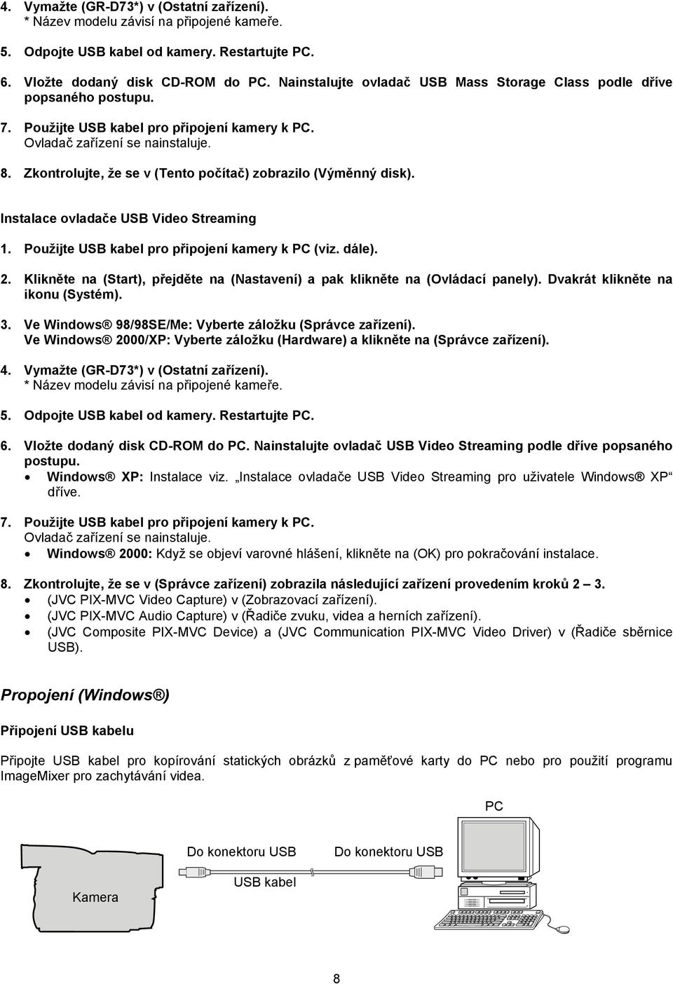 Zkontrolujte, že se v (Tento počítač) zobrazilo (Výměnný disk). Instalace ovladače USB Video Streaming 1. Použijte USB kabel pro připojení kamery k PC (viz. dále). 2.