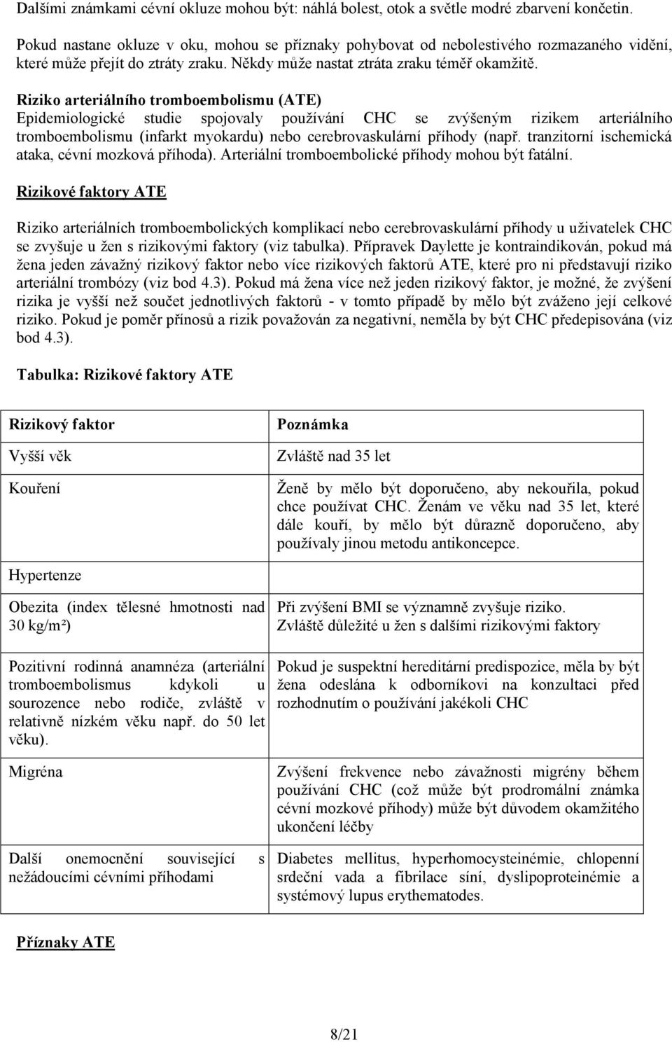 Riziko arteriálního tromboembolismu (ATE) Epidemiologické studie spojovaly používání CHC se zvýšeným rizikem arteriálního tromboembolismu (infarkt myokardu) nebo cerebrovaskulární příhody (např.