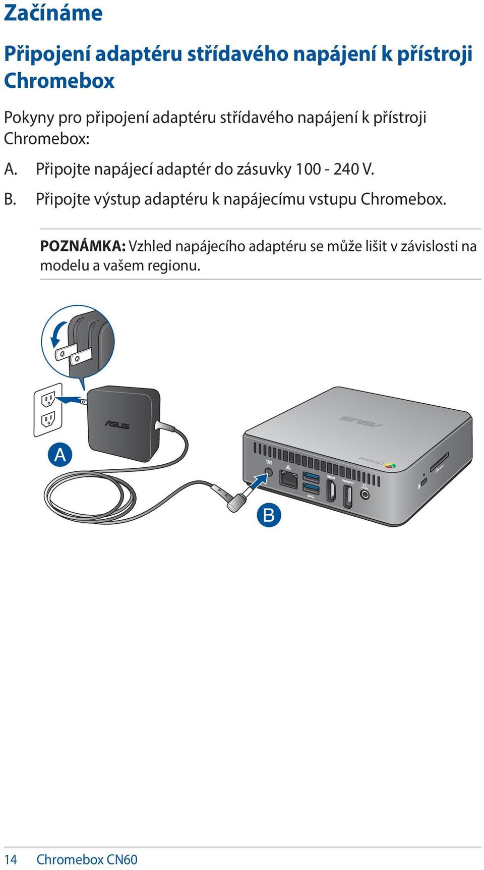 Připojte napájecí adaptér do zásuvky 100-240 V. B.