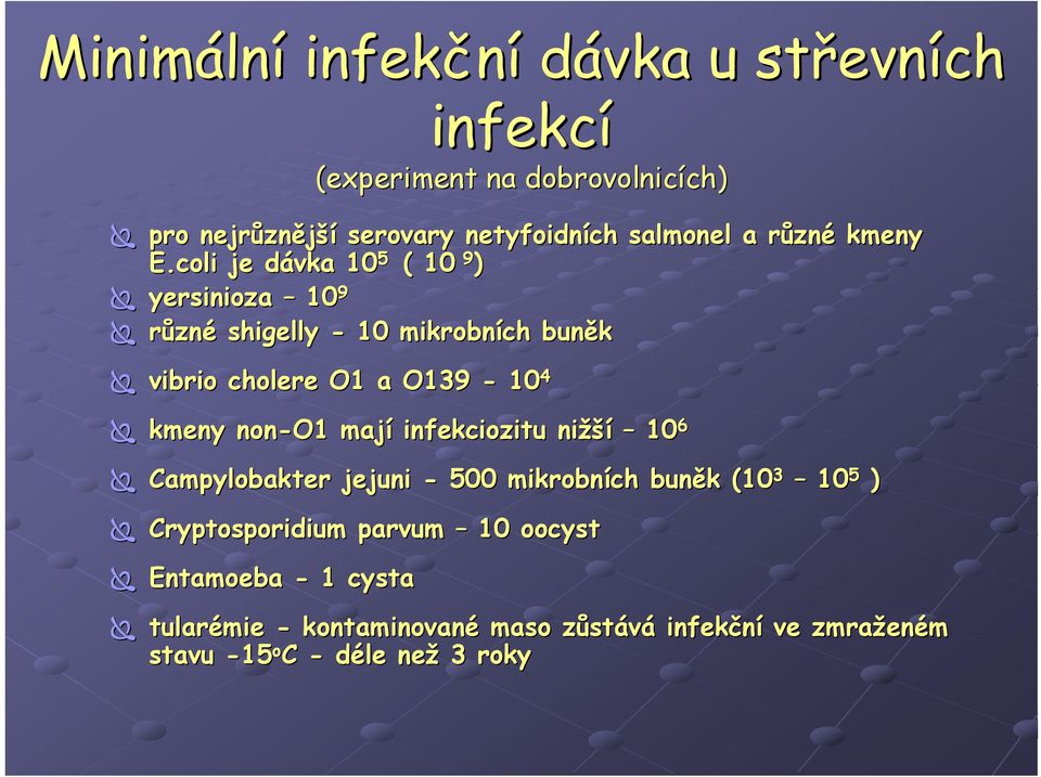 coli je dávka 10 5 ( 10 9 ) yersinioza 10 9 různé shigelly - 10 mikrobních buněk vibrio cholere O1 a O139-10 4 kmeny non-o1