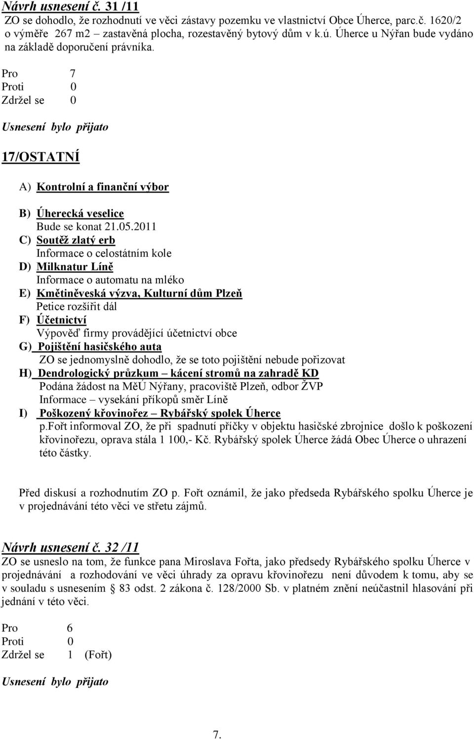 2011 C) Soutěţ zlatý erb Informace o celostátním kole D) Milknatur Líně Informace o automatu na mléko E) Kmětiněveská výzva, Kulturní dům Plzeň Petice rozšířit dál F) Účetnictví Výpověď firmy