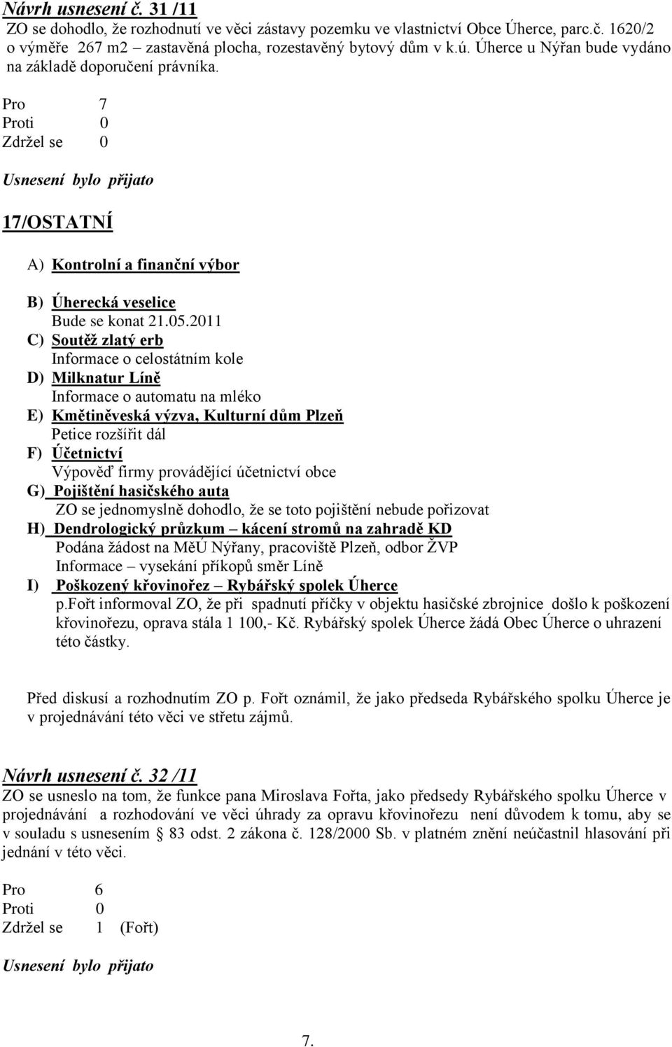 2011 C) Soutěţ zlatý erb Informace o celostátním kole D) Milknatur Líně Informace o automatu na mléko E) Kmětiněveská výzva, Kulturní dům Plzeň Petice rozšířit dál F) Účetnictví Výpověď firmy