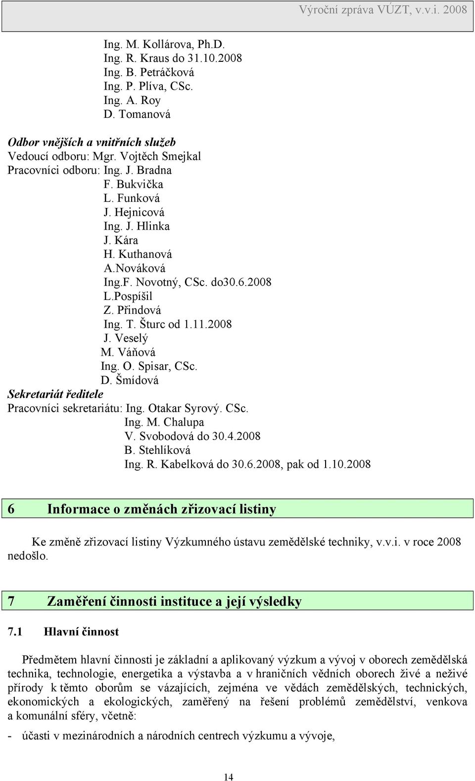 Šturc od 1.11.2008 J. Veselý M. Váňová Ing. O. Spisar, CSc. D. Šmídová Sekretariát ředitele Pracovníci sekretariátu: Ing. Otakar Syrový. CSc. Ing. M. Chalupa V. Svobodová do 30.4.2008 B.