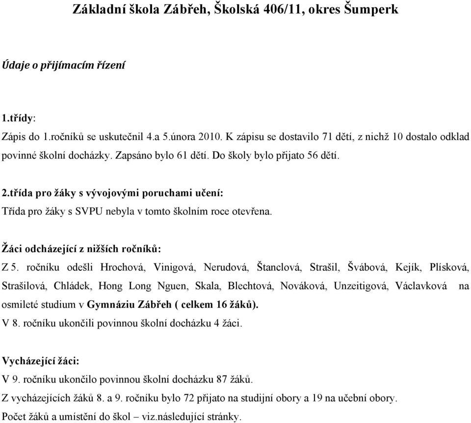 ročníku odešli Hrochová, Vinigová, Nerudová, Štanclová, Strašil, Švábová, Kejík, Plísková, Strašilová, Chládek, Hong Long Nguen, Skala, Blechtová, Nováková, Unzeitigová, Václavková na osmileté