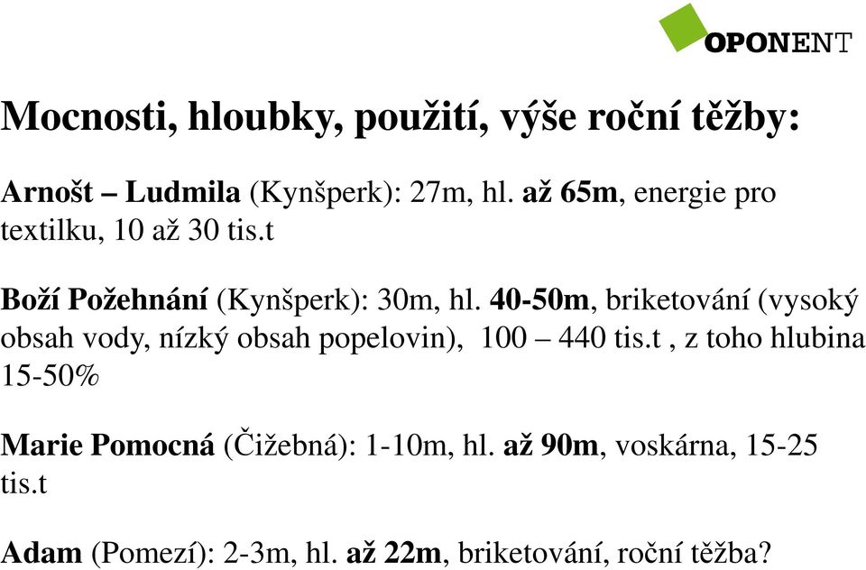 40-50m, briketování (vysoký obsah vody, nízký obsah popelovin), 100 440 tis.