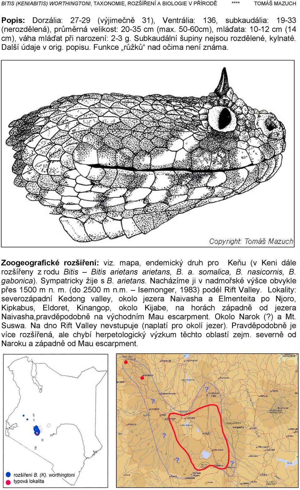 mapa, endemický druh pro Keňu (v Keni dále rozšířeny z rodu Bitis Bitis arietans arietans, B. a. somalica, B. nasicornis, B. gabonica). Sympatricky žije s B. arietans. Nacházíme ji v nadmořské výšce obvykle přes 1500 m n.