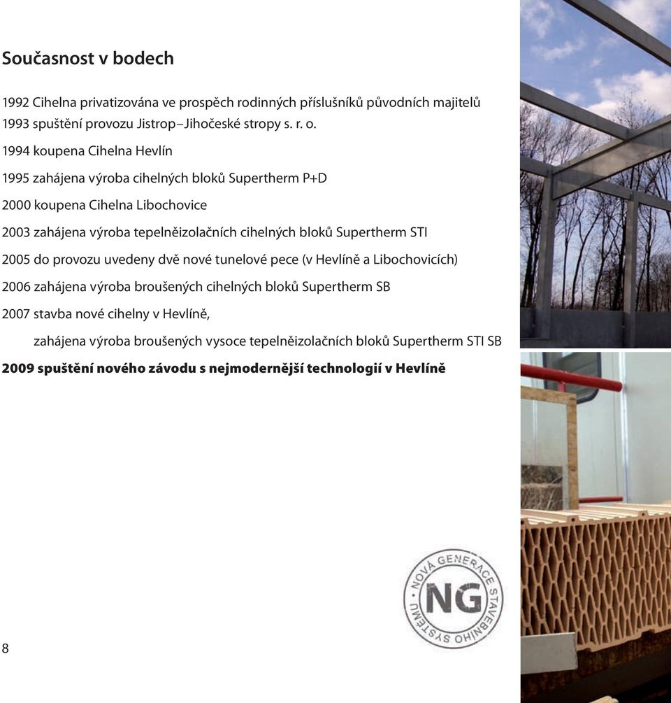 bloků Supertherm STI 2005 do provozu uvedeny dvě nové tunelové pece (v Hevlíně a Libochovicích) 2006 zahájena výroba broušených cihelných bloků Supertherm SB 2007