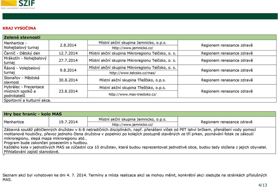 s. 9.8.2014 turnaj http://www.telcsko.cz/mas/ Stonařov - Městská slavnost 30.8.2014 Místní akční skupina Třešťsko, o.p.s. Hybrálec - Prezentace Místní akční skupina Třešťsko, o.p.s. místních spolků a 23.