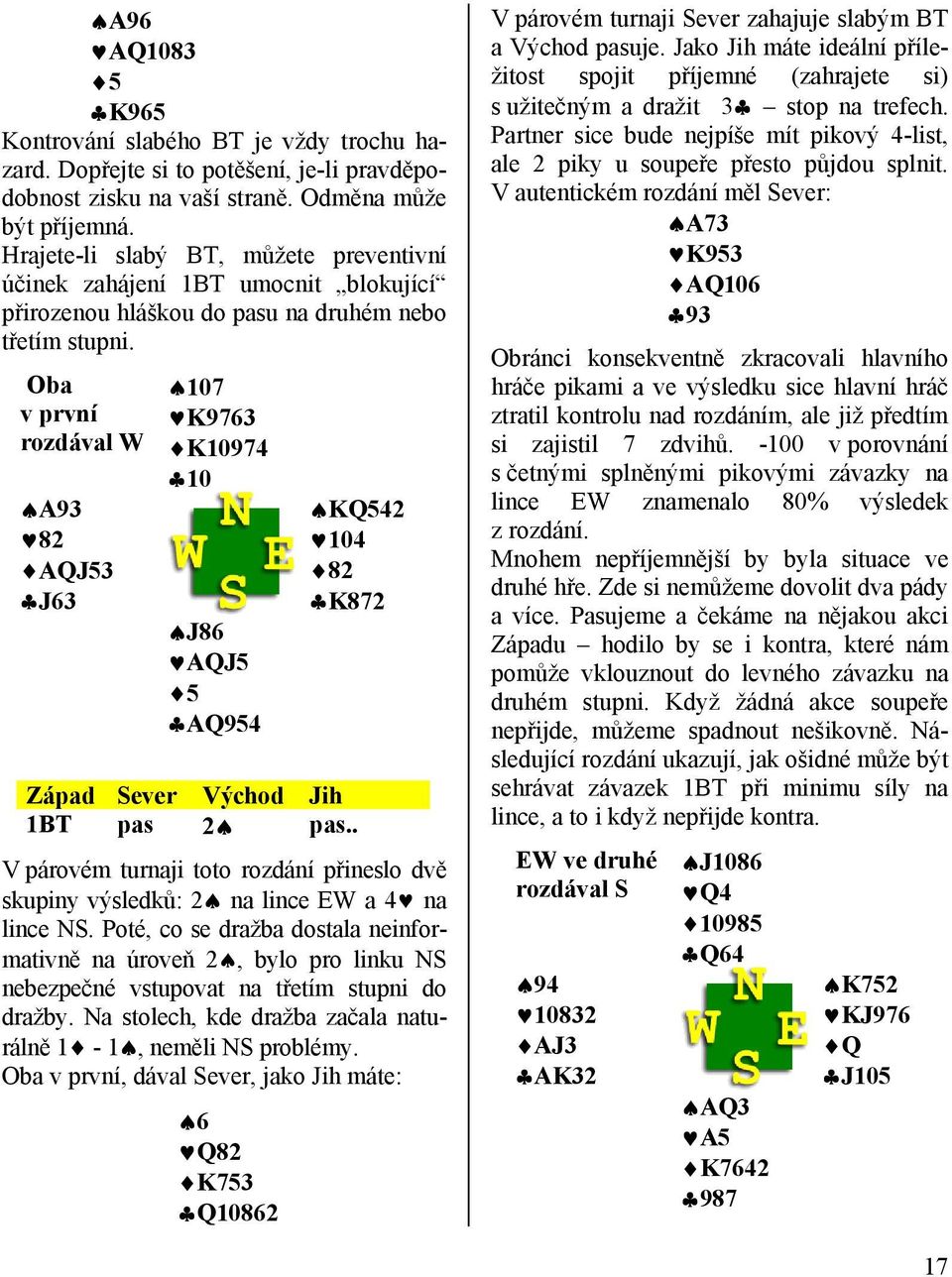 Oba v první rozdával W A93 82 AQJ53 J63 107 K9763 K10974 10 J86 AQJ5 5 AQ954 KQ542 104 82 K872 Západ Sever Východ Jih 1BT pas 2 pas.