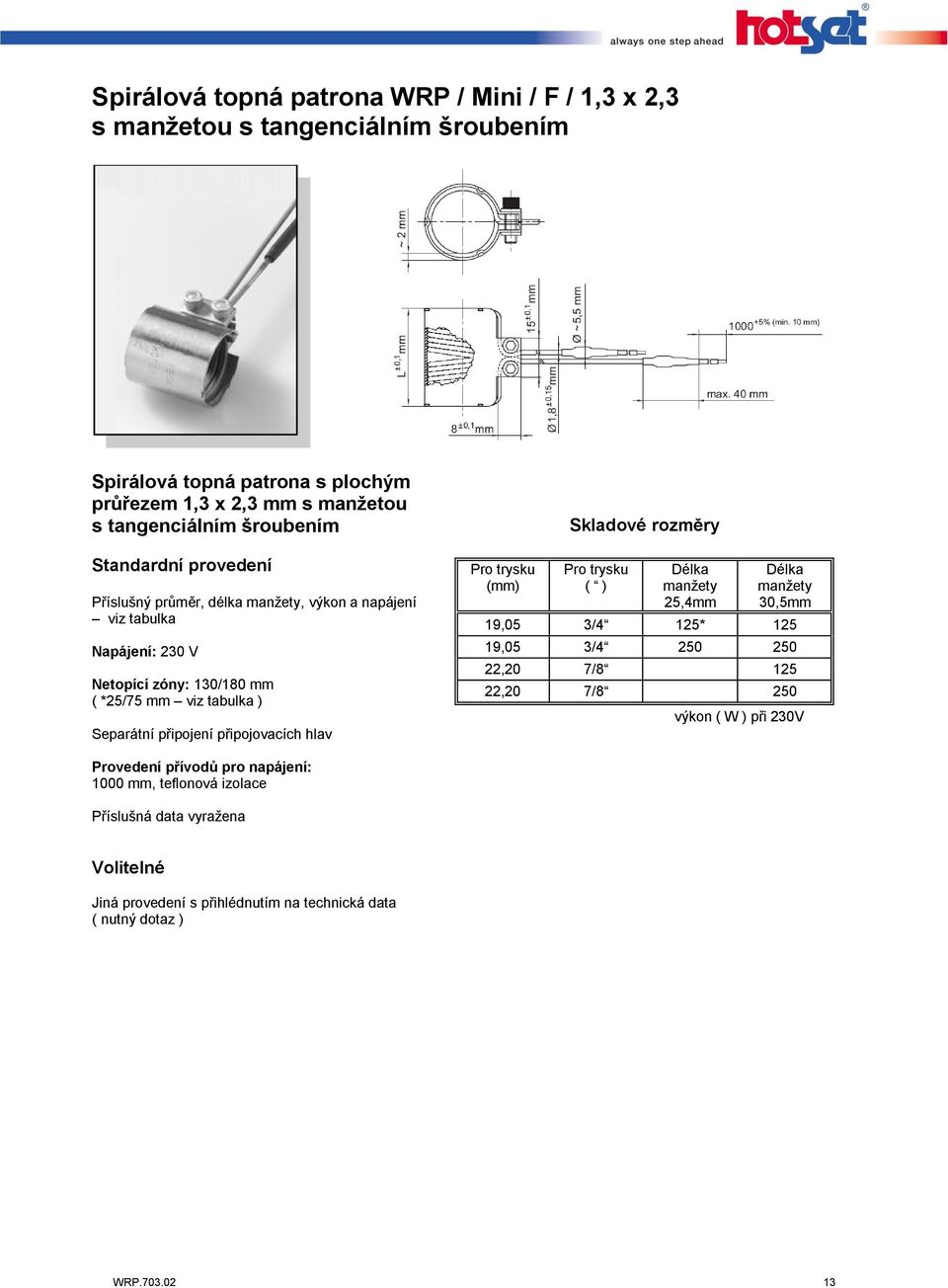 připojení připojovacích hlav Pro trysku (mm) Skladové rozměry Pro trysku ( ) Délka manžety 25,4mm Délka manžety 30,5mm 19,05 3/4 125* 125 19,05 3/4 250 250 22,20 7/8