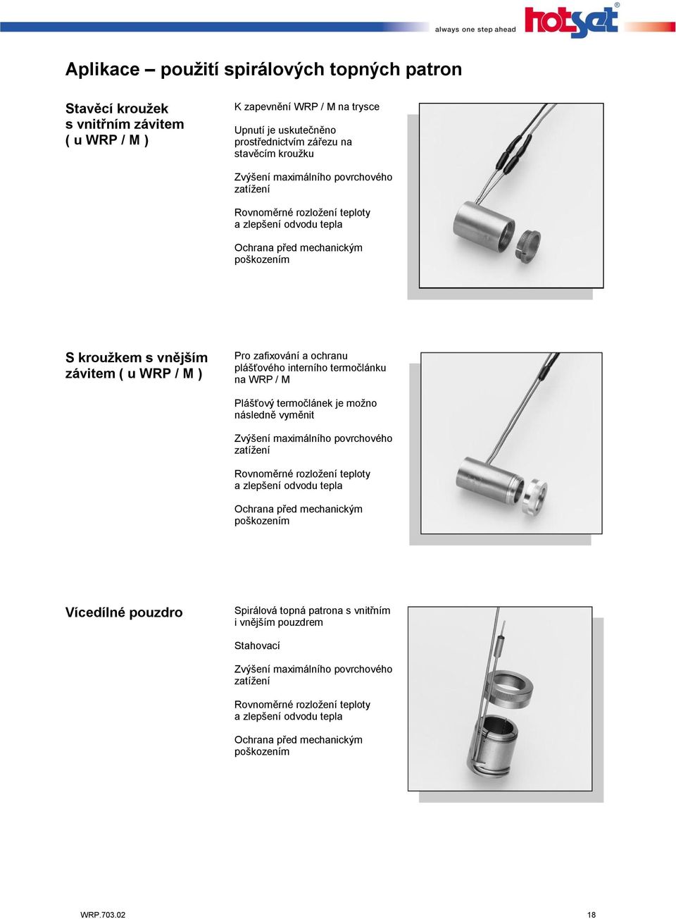 plášťového interního termočlánku na WRP / M Plášťový termočlánek je možno následně vyměnit Zvýšení maximálního povrchového zatížení Rovnoměrné rozložení teploty a zlepšení odvodu tepla Ochrana před