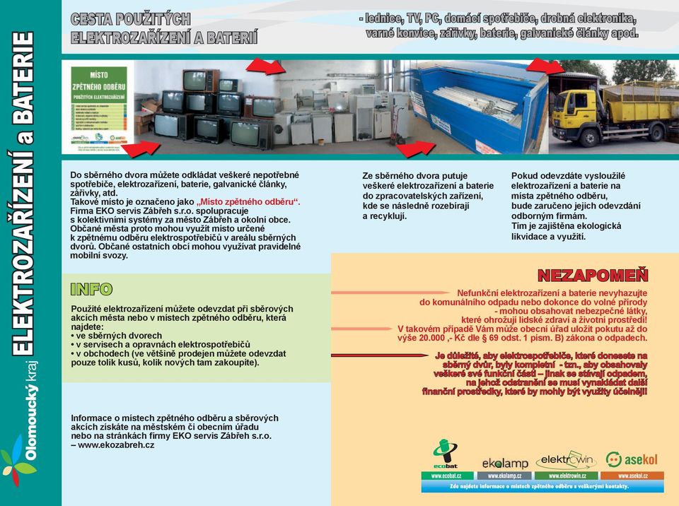 Občané města proto mohou využít místo určené k zpětnému odběru elektrospotřebičů v areálu sběrných dvorů. Občané ostatních obcí mohou využívat pravidelné mobilní svozy.