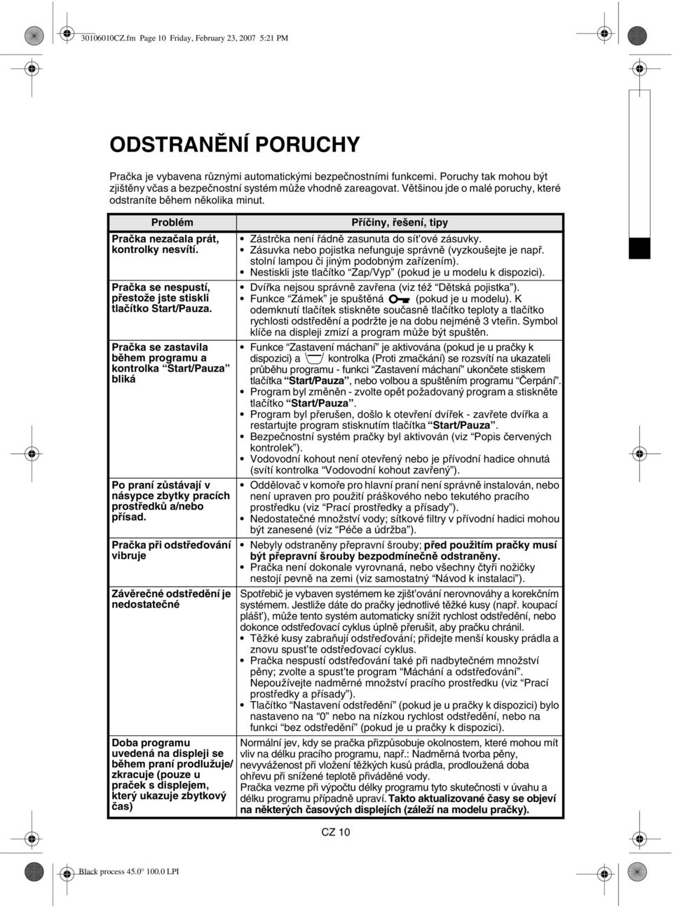 Pračka se nespustí, přestože jste stiskli tlačítko Start/Pauza. Pračka se zastavila během programu a kontrolka Start/Pauza bliká Po praní zůstávají v násypce zbytky pracích prostředků a/nebo přísad.