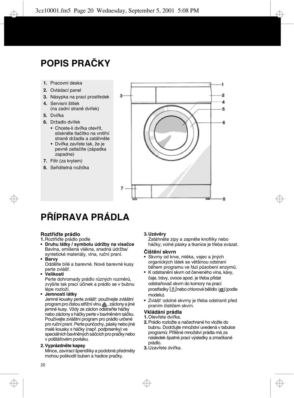 Seřiditelná nožička PŘÍPRAVA PRÁDLA Roztřiďte prádlo 1.Roztřiďte prádlo podle Druhu látky / symbolu údržby na visačce Bavlna, smíšená vlákna, snadná údržba/ syntetické materiály, vlna, ruční praní.