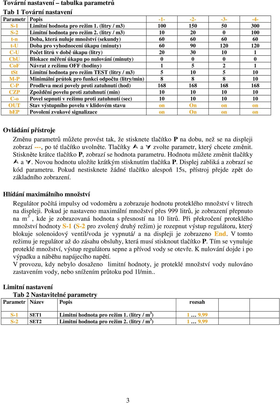 úkapu po nulování (minuty) 0 0 0 0 CoF Návrat z režimu OFF (hodiny) 1 5 2 1 tst Limitní hodnota pro režim TEST (litry / m3) 5 10 5 10 M-P Minimální průtok pro funkci odpočtu (litry/min) 8 8 8 10 C-P
