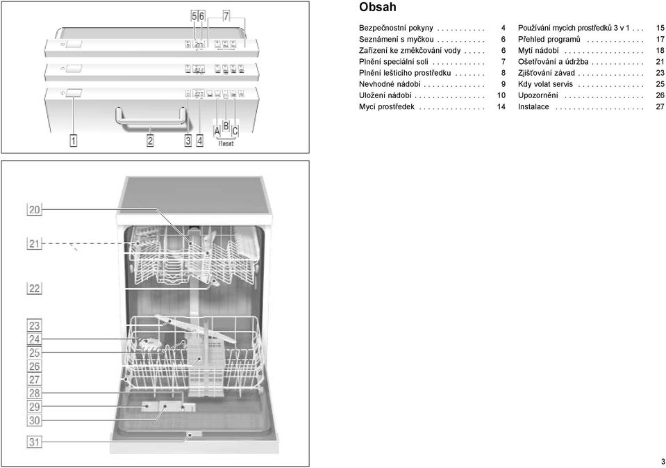 .............. 14 Používání mycích prostředků 3 v 1... 15 Přehled programů............. 17 Mytí nádobí.................. 18 Ošetřování a údržba.