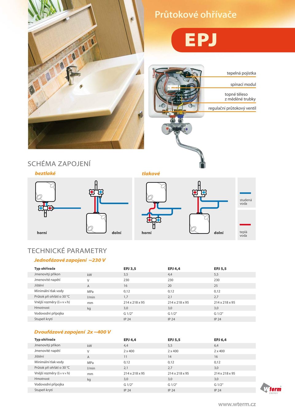 3,0 EPJ 4,4 4,4 20 0,12 2,1 214 x 218 x 95 3,0 EPJ 5,5 5,5 25 0,12 2,7 214 x 218 x 95 3,0 Dvoufázové zapojení 2x ~400 Minimální tlak vody Průtok při ohřátí o 30 C nější rozměry (š x v