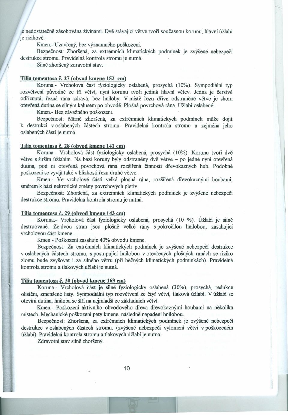 Jedna je čerstvě odříznutá, řezná rána zdravá, bez hniloby. V místě řezu dříve odstraněné větve je shora otevřená dutina se silným kalu sem po obvodě. Plošná povrchová rána. Úžlabí oslabené.