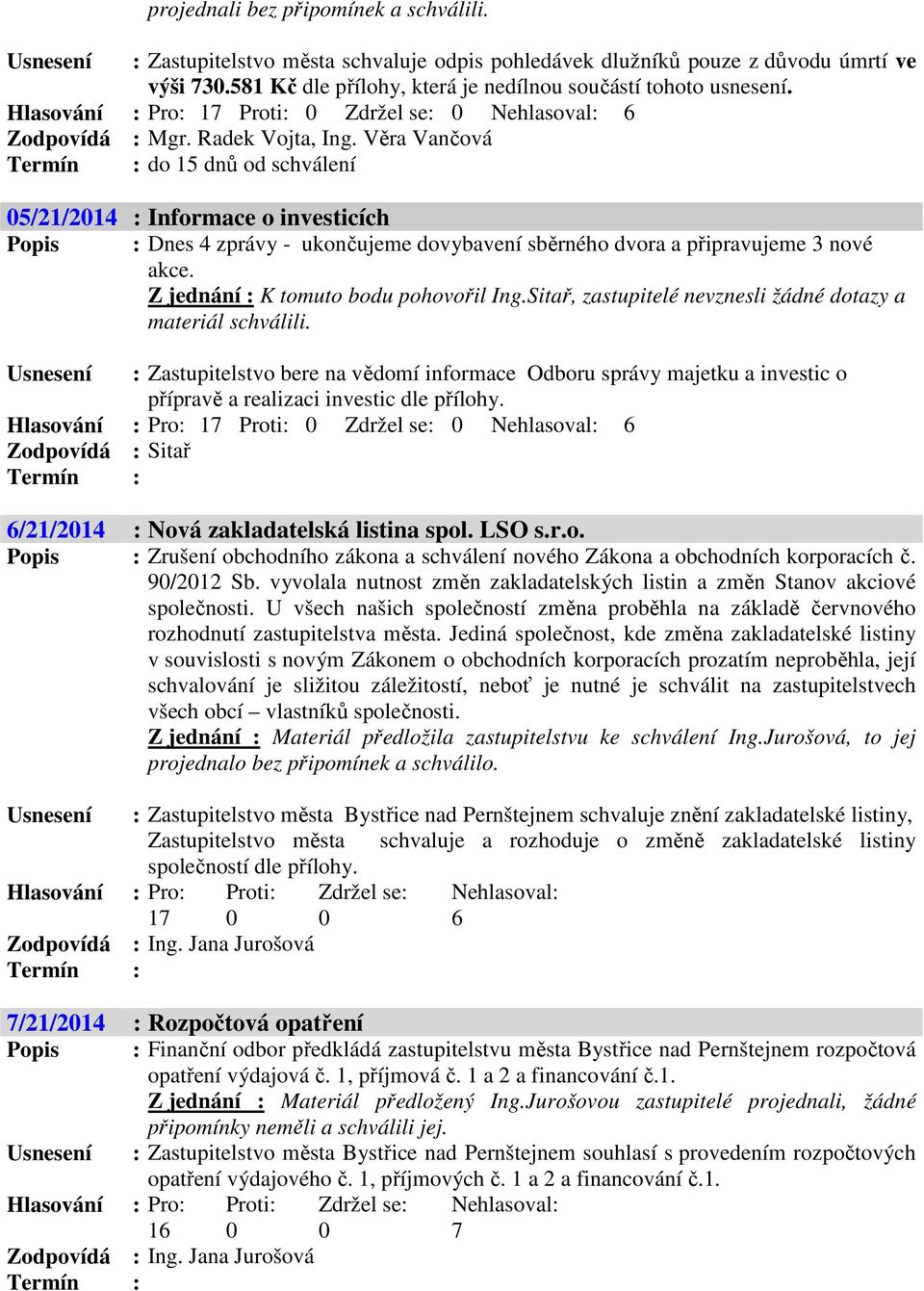 Věra Vančová Termín : do 15 dnů od schválení 5/21/214 : Informace o investicích Popis : Dnes 4 zprávy - ukončujeme dovybavení sběrného dvora a připravujeme 3 nové akce.