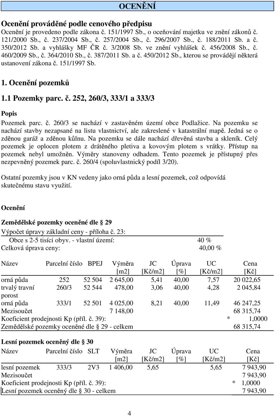 , kterou se provádějí některá ustanovení zákona č. 151/1997 Sb. 1. Ocenění pozemků 1.1 Pozemky parc. č. 252, 260/3, 333/1 a 333/3 Popis Pozemek parc. č. 260/3 se nachází v zastavěném území obce Podlažice.
