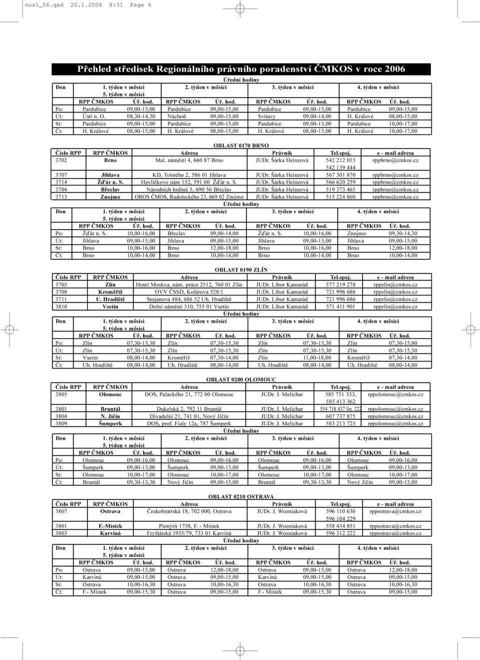 Králové 08,00-15,00 H. Králové 08,00-15,00 H. Králové 10,00-17,00 OBLAST 0170 BRNO 3702 Brno Mal. námìstí 4, 660 87 Brno JUDr. Šárka Heinzová 542 212 015 rppbrno@cmkos.