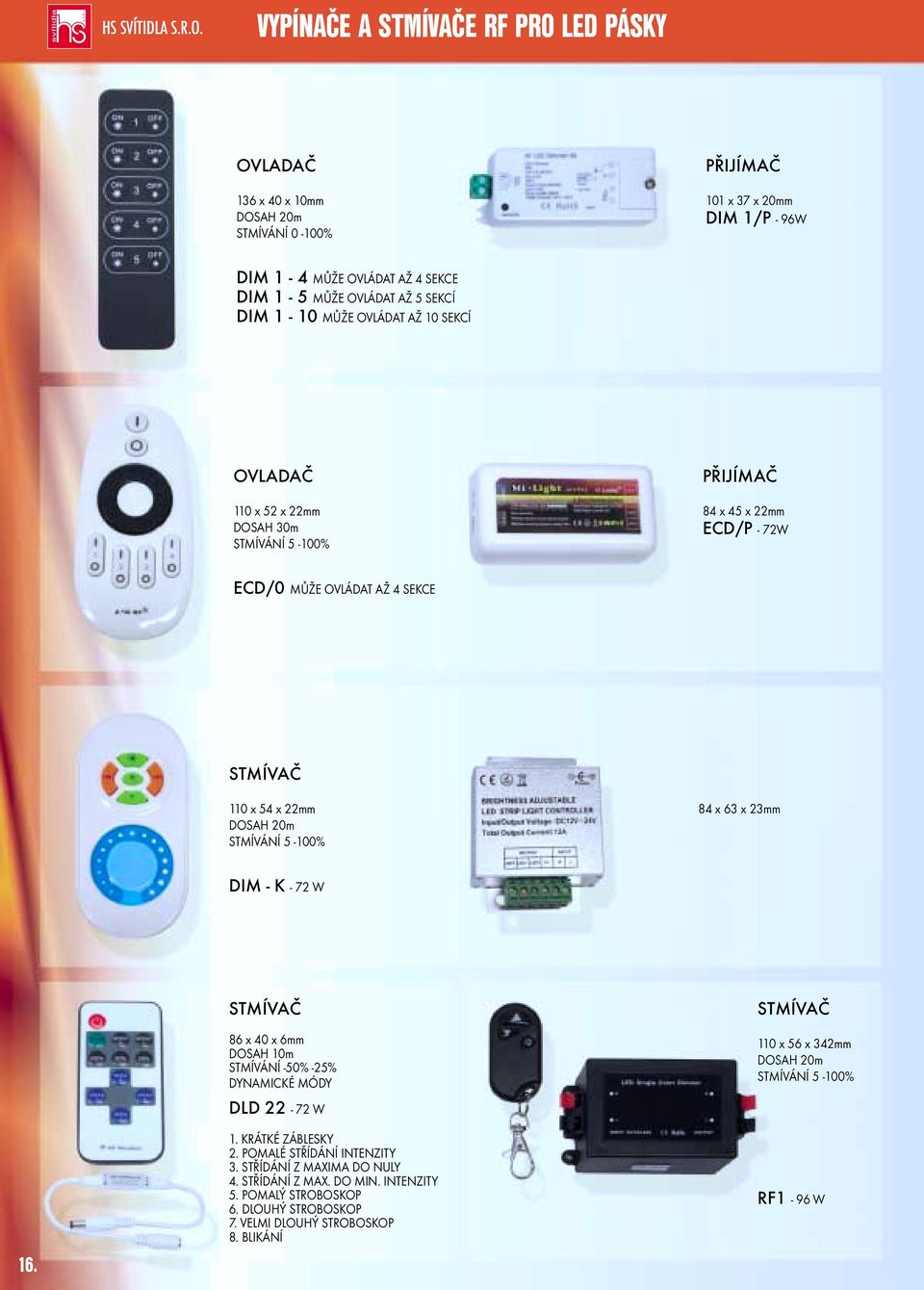 20m STMÍVÁNÍ 5-100% 84 x 63 x 23mm DIM - K - 72 W STMÍVAČ 86 x 40 x 6mm DOSAH 10m STMÍVÁNÍ -50% -25% DYNAMICKÉ MÓDY STMÍVAČ 110 x 56 x 342mm DOSAH 20m STMÍVÁNÍ 5-100% 16. DLD 22-72 W 1.