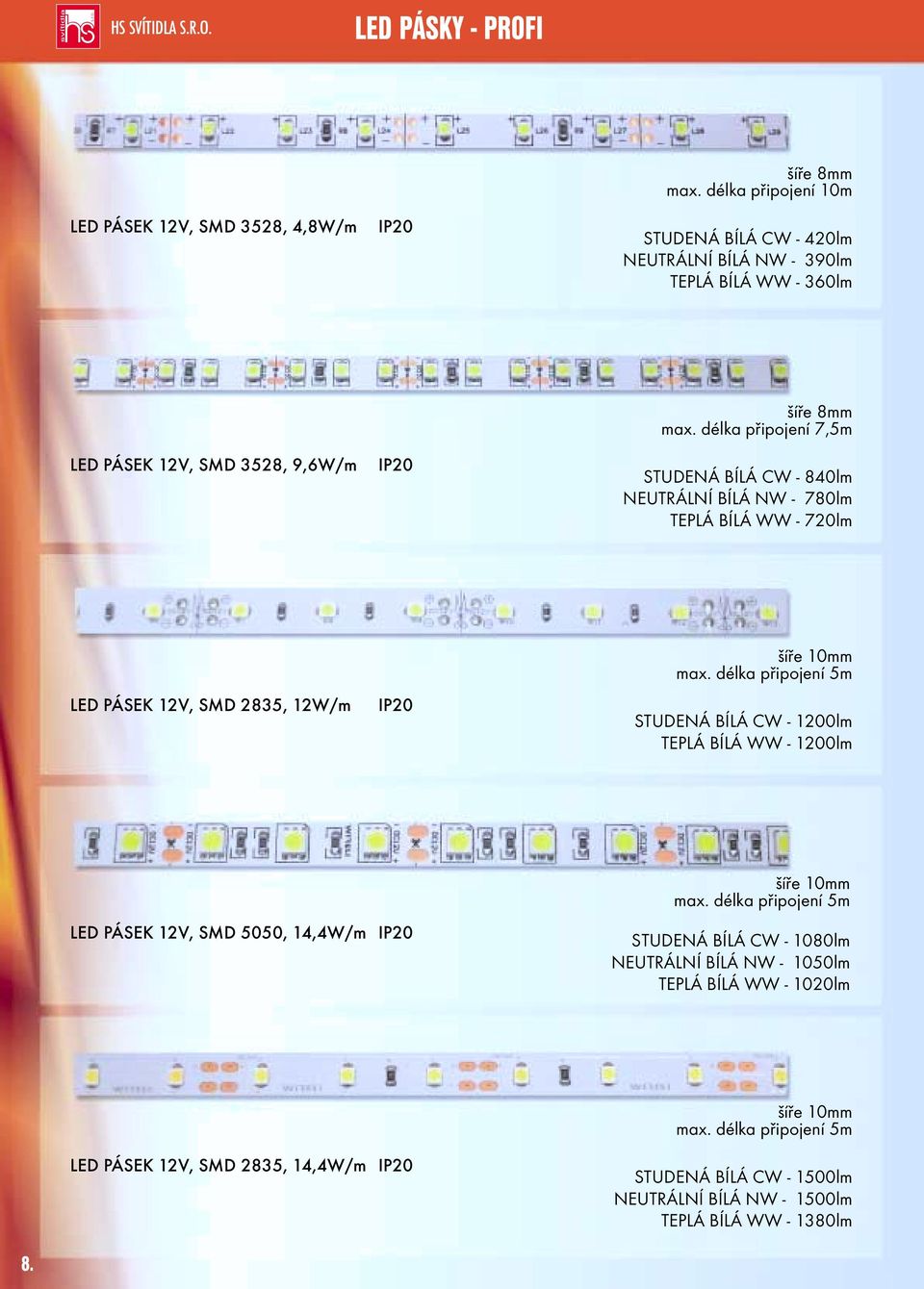 délka připojení 7,5m STUDENÁ BÍLÁ CW - 840lm NEUTRÁLNÍ BÍLÁ NW - 780lm TEPLÁ BÍLÁ WW - 720lm LED PÁSEK 12V, SMD 2835, 12W/m IP20 šíře 10mm max.