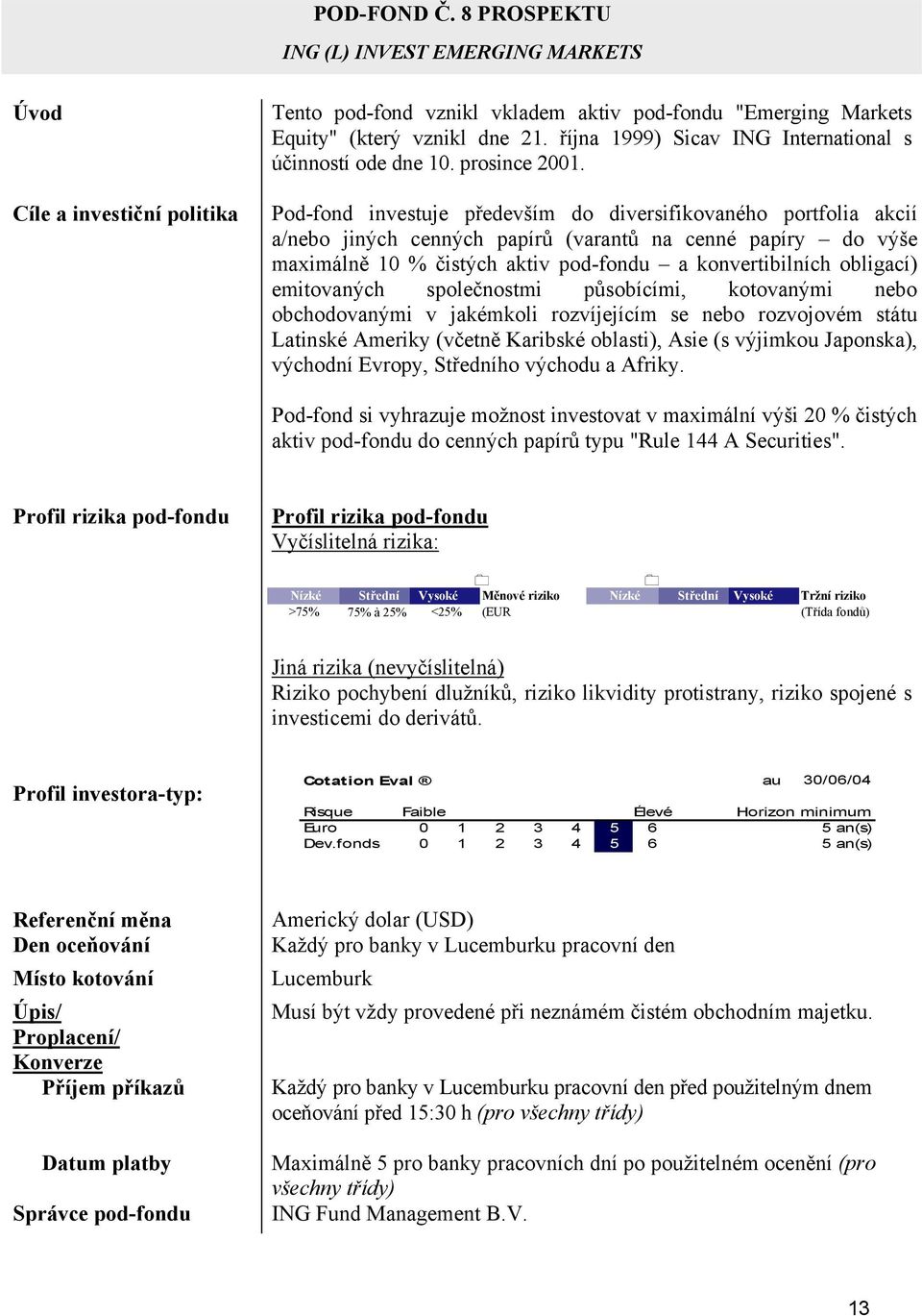 Pod-fond investuje především do diversifikovaného portfolia akcií a/nebo jiných cenných papírů (varantů na cenné papíry do výše maximálně 10 % čistých aktiv pod-fondu a konvertibilních obligací)