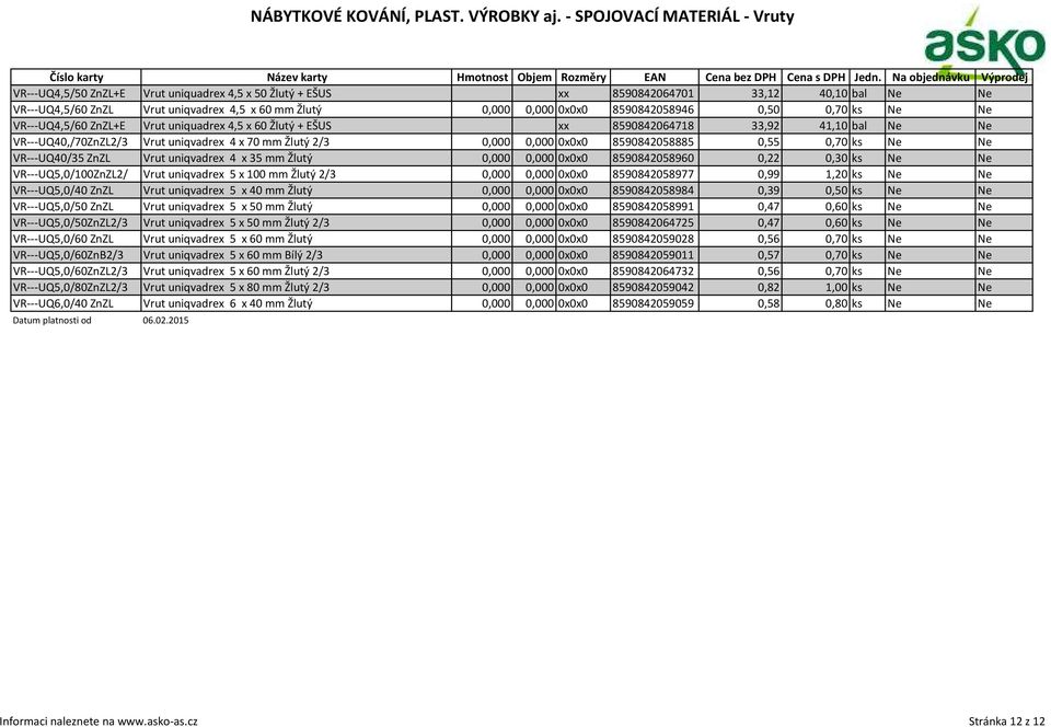 ks Ne Ne VR---UQ40/35 ZnZL Vrut uniqvadrex 4 x 35 mm Žlutý 0,000 0,000 0x0x0 8590842058960 0,22 0,30 ks Ne Ne VR---UQ5,0/100ZnZL2/ Vrut uniqvadrex 5 x 100 mm Žlutý 2/3 0,000 0,000 0x0x0 8590842058977