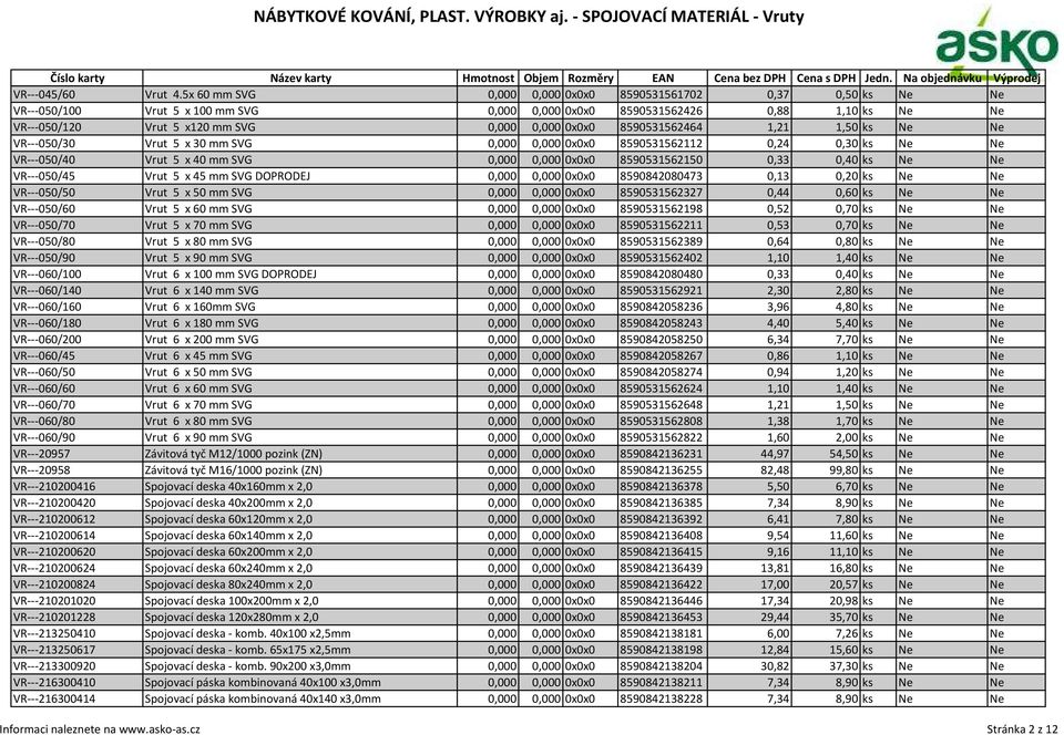 8590531562464 1,21 1,50 ks Ne Ne VR---050/30 Vrut 5 x 30 mm SVG 0,000 0,000 0x0x0 8590531562112 0,24 0,30 ks Ne Ne VR---050/40 Vrut 5 x 40 mm SVG 0,000 0,000 0x0x0 8590531562150 0,33 0,40 ks Ne Ne