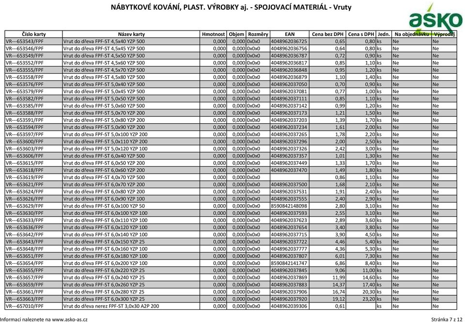 1,10 ks Ne Ne VR---653555/FPF Vrut do dřeva FPF-ST 4,5x70 YZP 500 0,000 0,000 0x0x0 4048962036848 0,95 1,20 ks Ne Ne VR---653558/FPF Vrut do dřeva FPF-ST 4,5x80 YZP 500 0,000 0,000 0x0x0