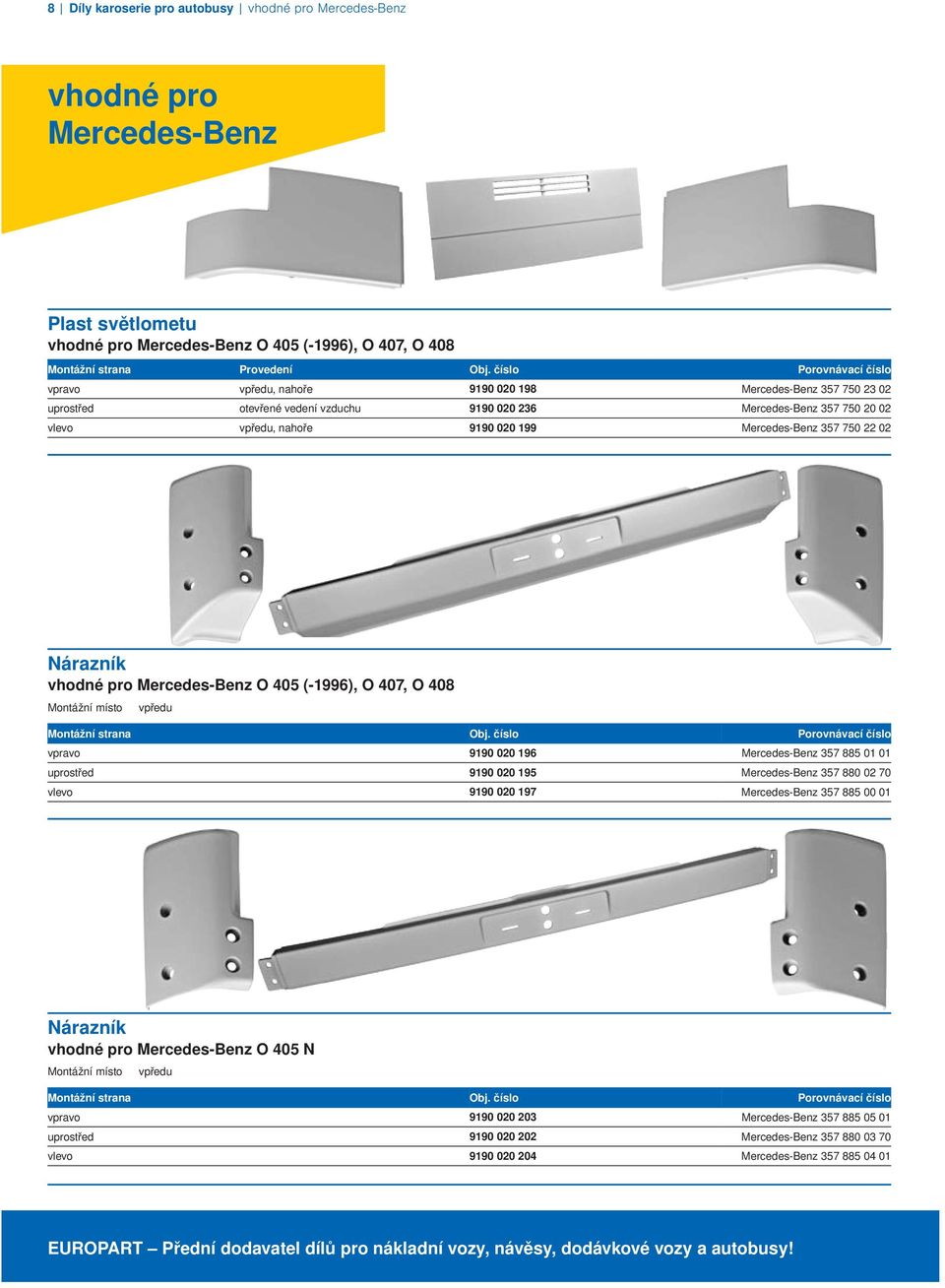 pro Mercedes-Benz O 405 (-1996), O 407, O 408 vpravo 9190 020 196 Mercedes-Benz 357 885 01 01 uprostřed 9190 020 195 Mercedes-Benz 357 880 02 70 vlevo 9190 020 197 Mercedes-Benz 357