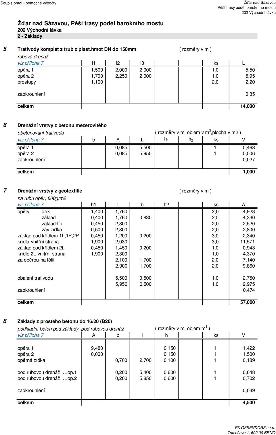 14,000 6 Drenážní vrstvy z betonu mezerovitého obetonování trativodu ( rozměry v m, objem v m 3,plocha v m2 ) viz příloha 7 b A L h 1 h 2 ks V opěra 1 0,085 5,500 1 0,468 opěra 2 0,085 5,950 1 0,506