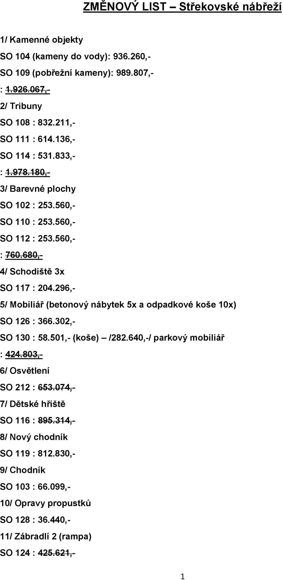 296,- 5/ Mobiliář (betonový nábytek 5x a odpadkové koše 10x) SO 126 : 366.302,- SO 130 : 58.501,- (koše) /282.640,-/ parkový mobiliář : 424.803,- 6/ Osvětlení SO 212 : 653.