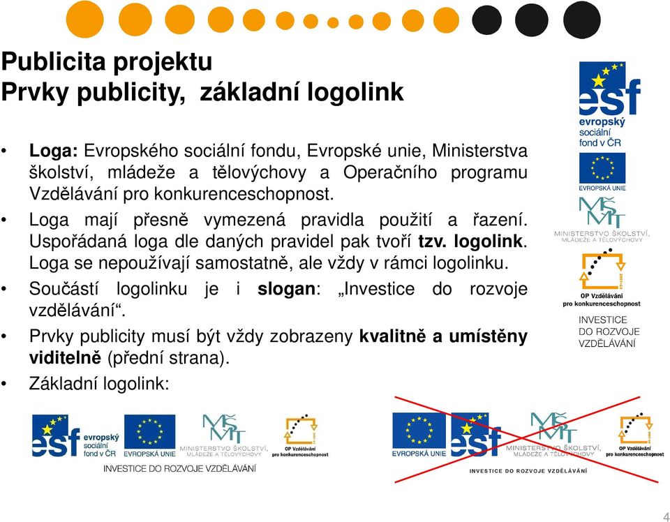 Uspořádaná loga dle daných pravidel pak tvoří tzv. logolink. Loga se nepoužívají samostatně, ale vždy v rámci logolinku.