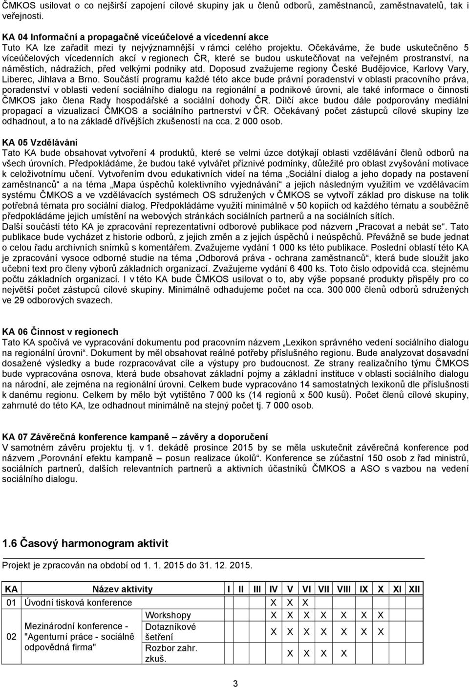 Očekáváme, že bude uskutečněno 5 víceúčelových vícedenních akcí v regionech ČR, které se budou uskutečňovat na veřejném prostranství, na náměstích, nádražích, před velkými podniky atd.