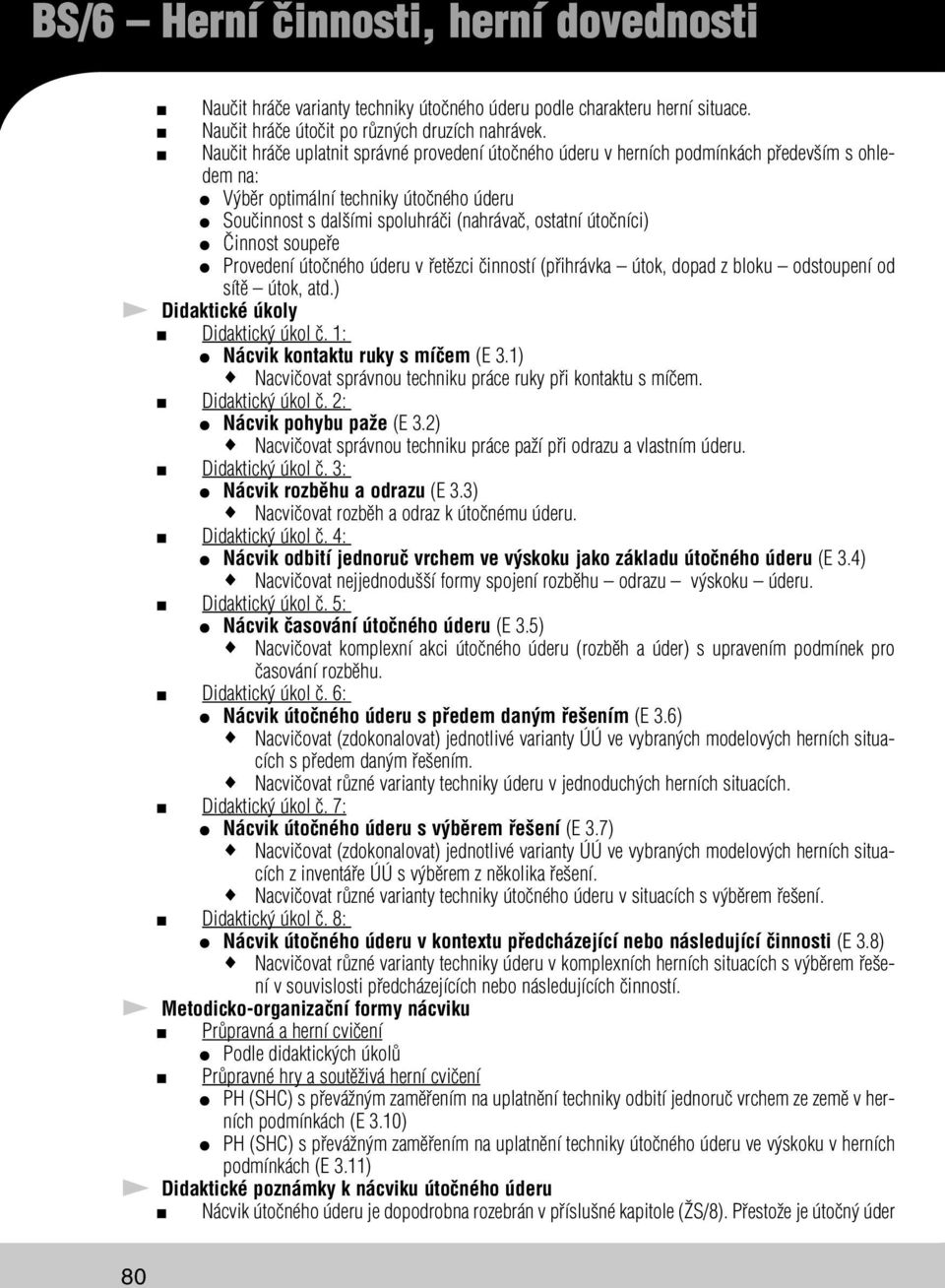 útočníci) Činnost soupeře Provedení útočného úderu v řetězci činností (přihrávka útok, dopad z bloku odstoupení od sítě útok, atd.) Didaktické úkoly Didaktický úkol č.