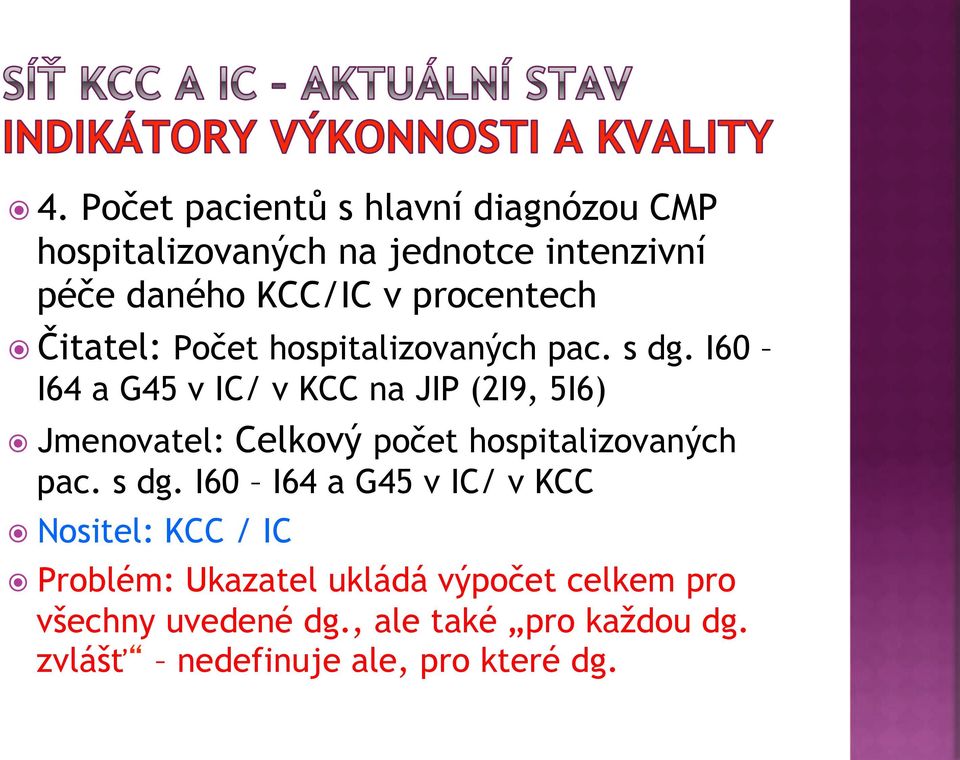 ! Jmenovatel: Celkov# po$et hospitalizovan#ch pac. s dg. I60 I64 a G45 v IC/ v KCC!! Nositel: KCC / IC!