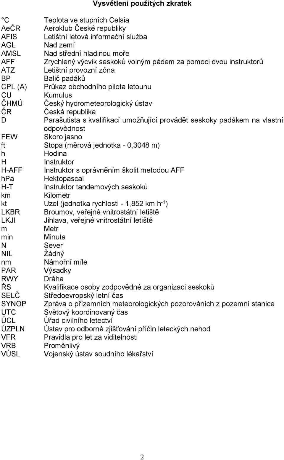 Parašutista s kvalifikací umožňující provádět seskoky padákem na vlastní odpovědnost FEW Skoro jasno ft Stopa (měrová jednotka - 0,3048 m) h Hodina H Instruktor H-AFF Instruktor s oprávněním školit