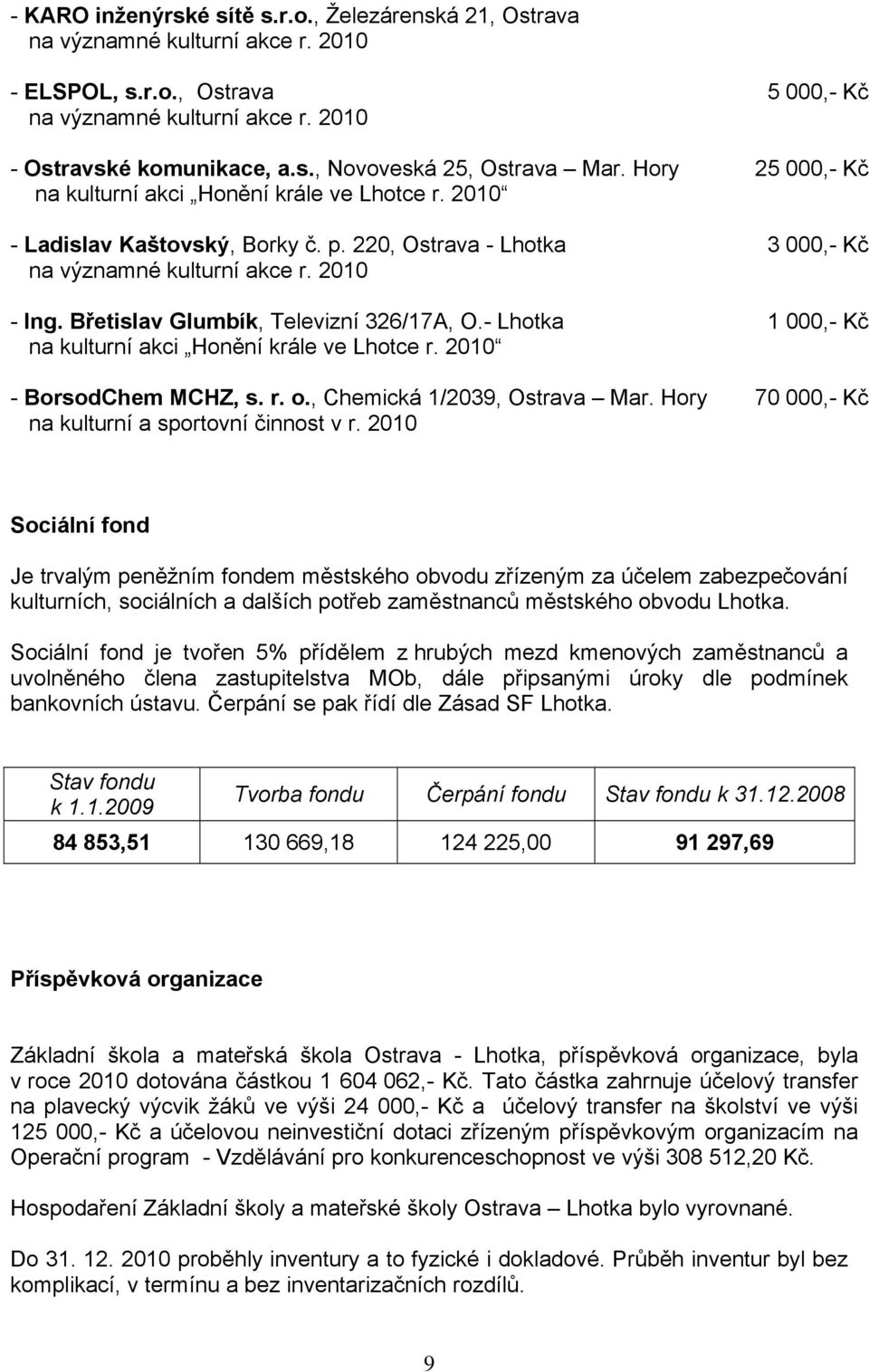 - Lhotka na kulturní akci Honění krále ve Lhotce r. 2010 - BorsodChem MCHZ, s. r. o., Chemická 1/2039, Ostrava Mar. Hory na kulturní a sportovní činnost v r.